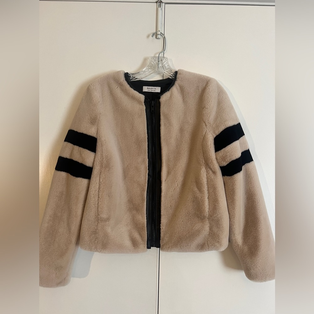 Faux Leather Trim Fuzzy Bomber